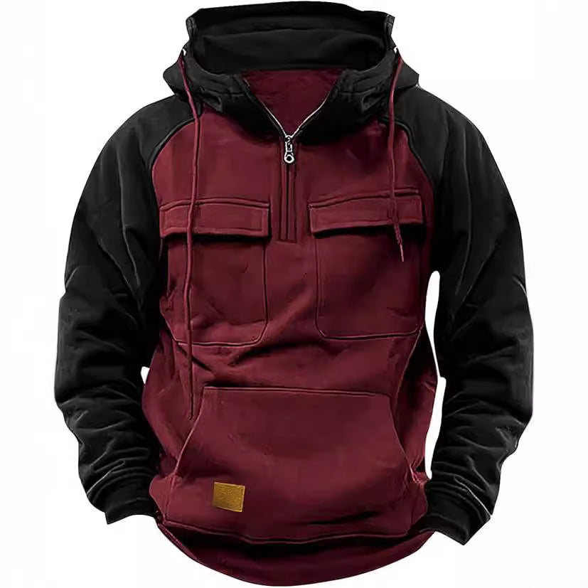 Fall Winter Retro Cargo Hoodies Men's Half Zipper Solid Warm Fleece Sweatshirts Multi Pockets Male Hooded Jackets Thick Outdoor Hooded